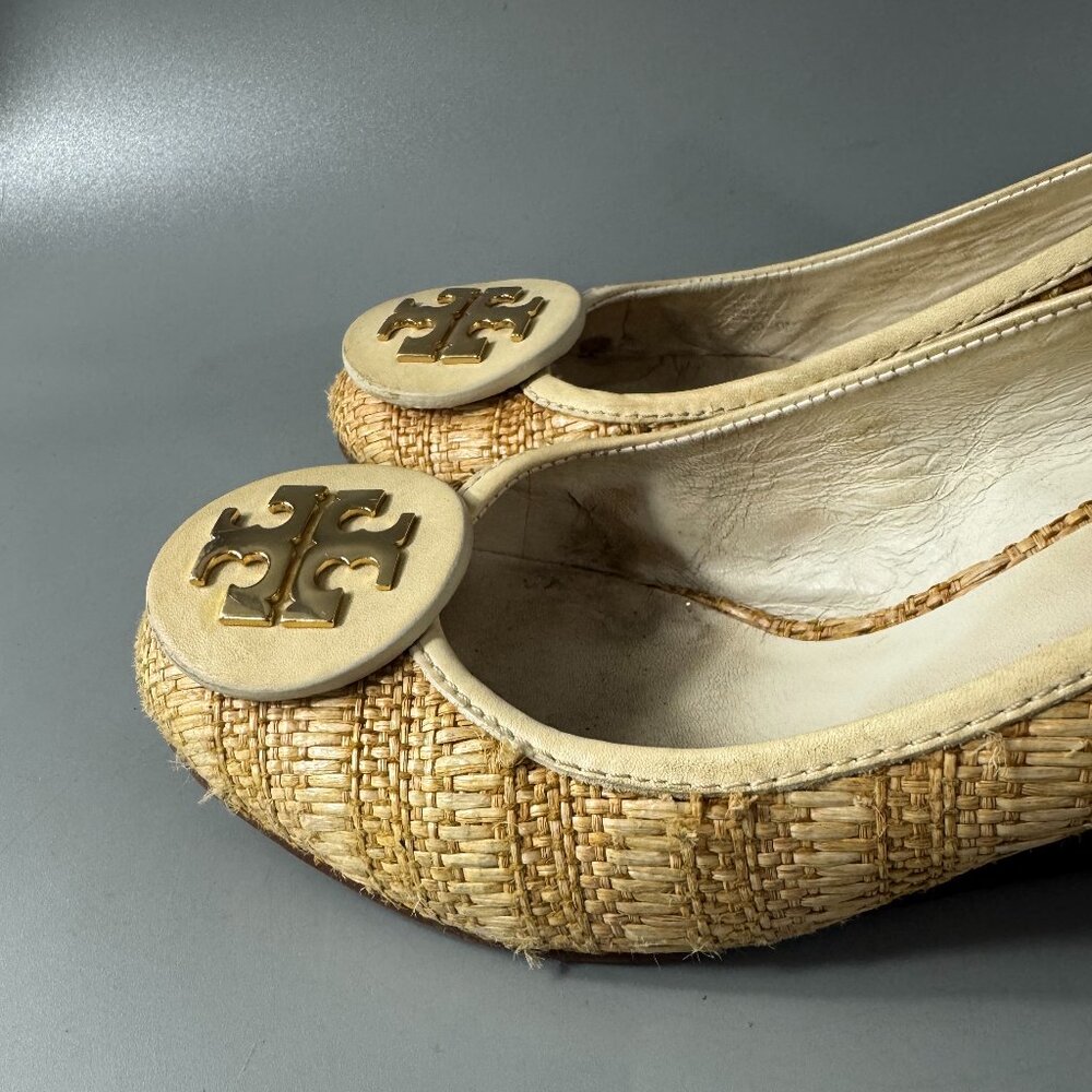 TORY BURCH Tory Burch Beige White Jute Leather Wedge Pumps, Women’s SZ 9 - Picture 7 of 16